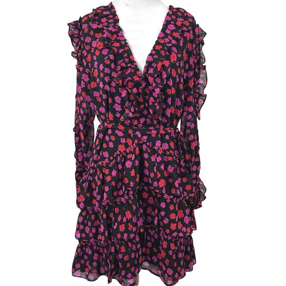 Dee Elly Dresses & Skirts - Dee Elly Floral Ruffle Mini Dress XL Long Sleeve V Neck Tiered Black Romantic